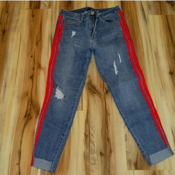 NWOT Fashion Nova Red Striped Side Jeans - Picture 7 of 12